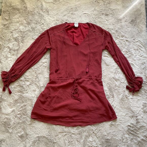 Haute Hippie XS Burgundy V-Neck Mini Dress With Tassel Boho Accents MSRP $695 - Picture 5 of 12